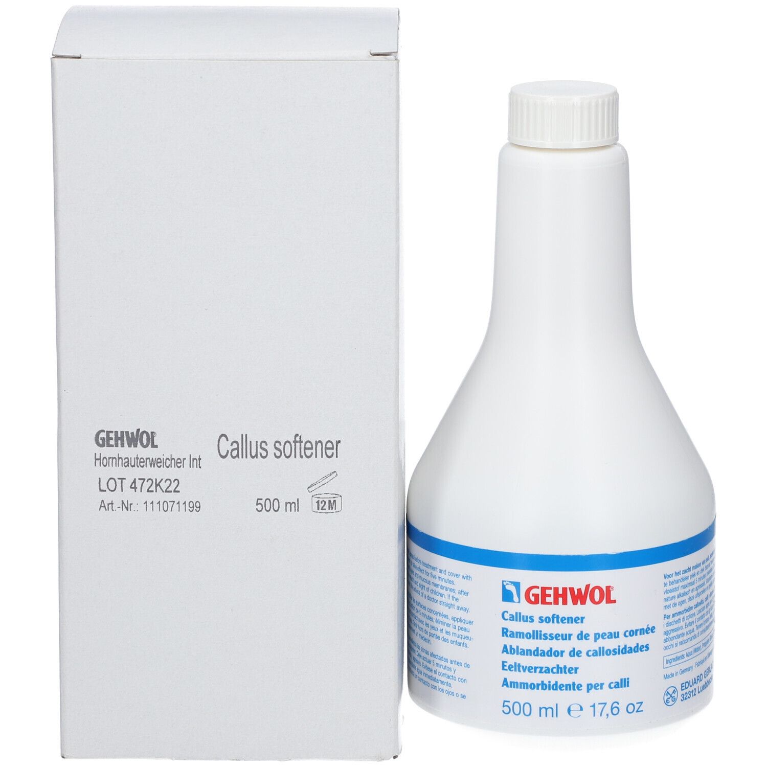 Flacon blanc et carton. Inscription : GEHWOL, Callus softener, 500 ml.