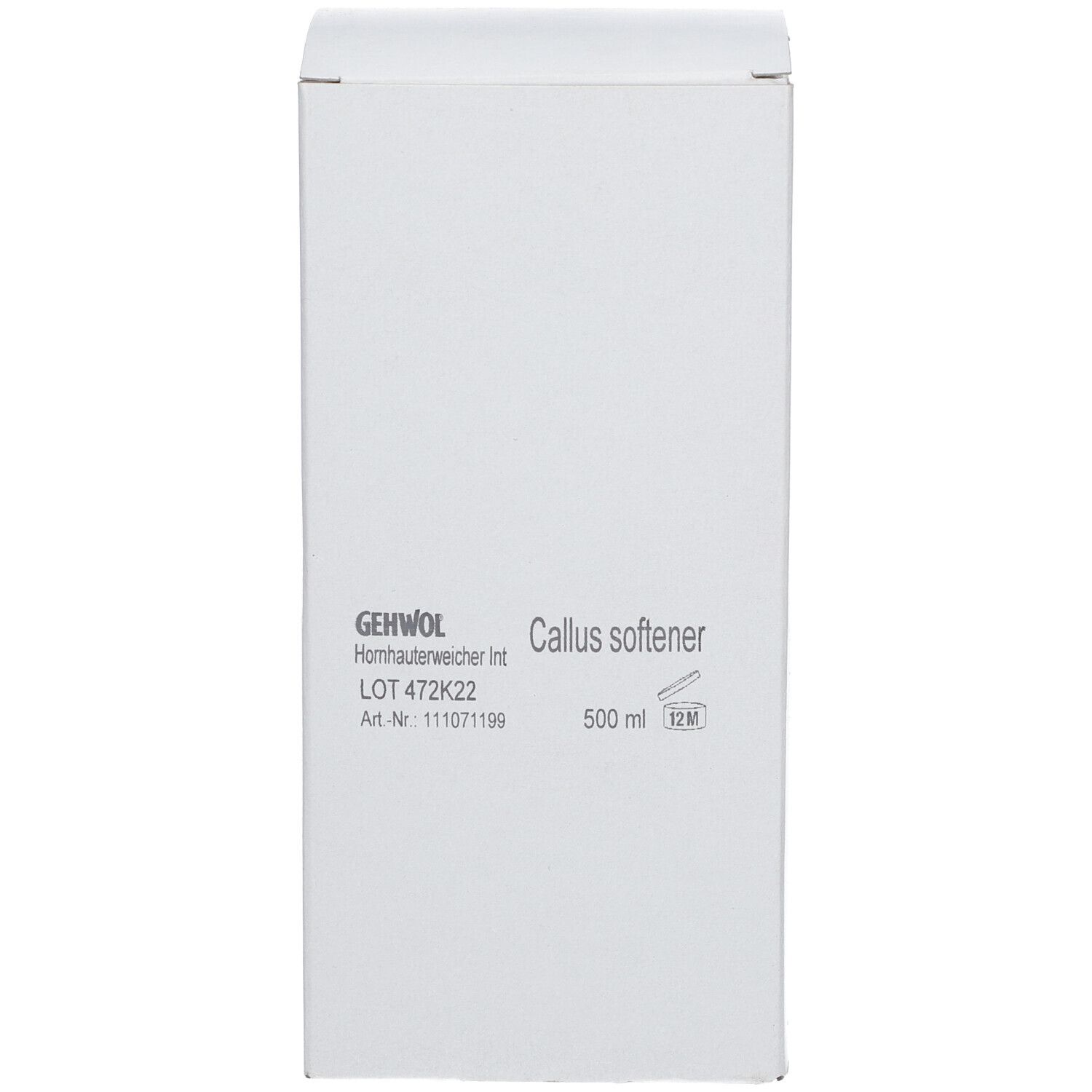 Boîte blanche. Inscription : GEHWOL, Callus softener, 500 ml.