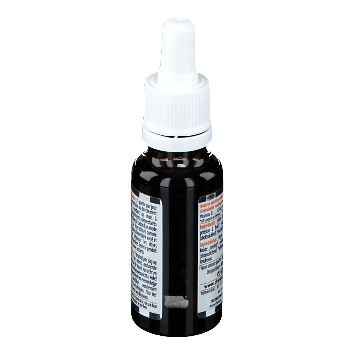 Achterkant van een bruine glazen fles met witte dop en druppelaar. Etiket met productinformatie. THERASCIENCE physiomance D-nat 400.