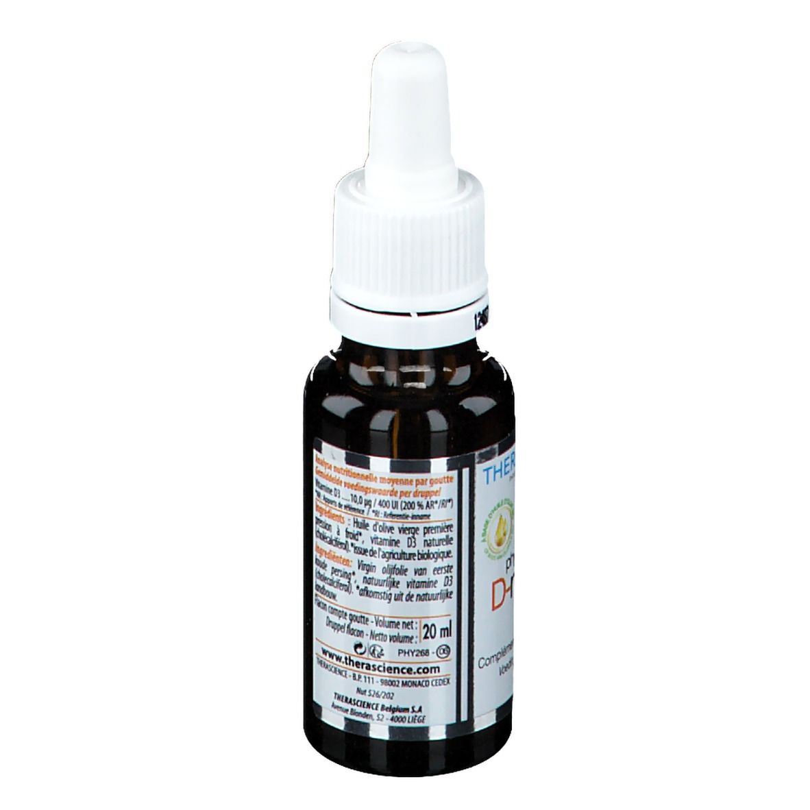 Bruine glazen fles met witte dop en druppelaar. Etiket met productinformatie. THERASCIENCE physiomance D-nat 400.