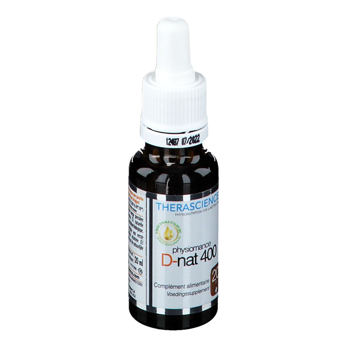 Bruine glazen fles met witte dop en druppelaar. Etiket met productinformatie. THERASCIENCE physiomance D-nat 400.