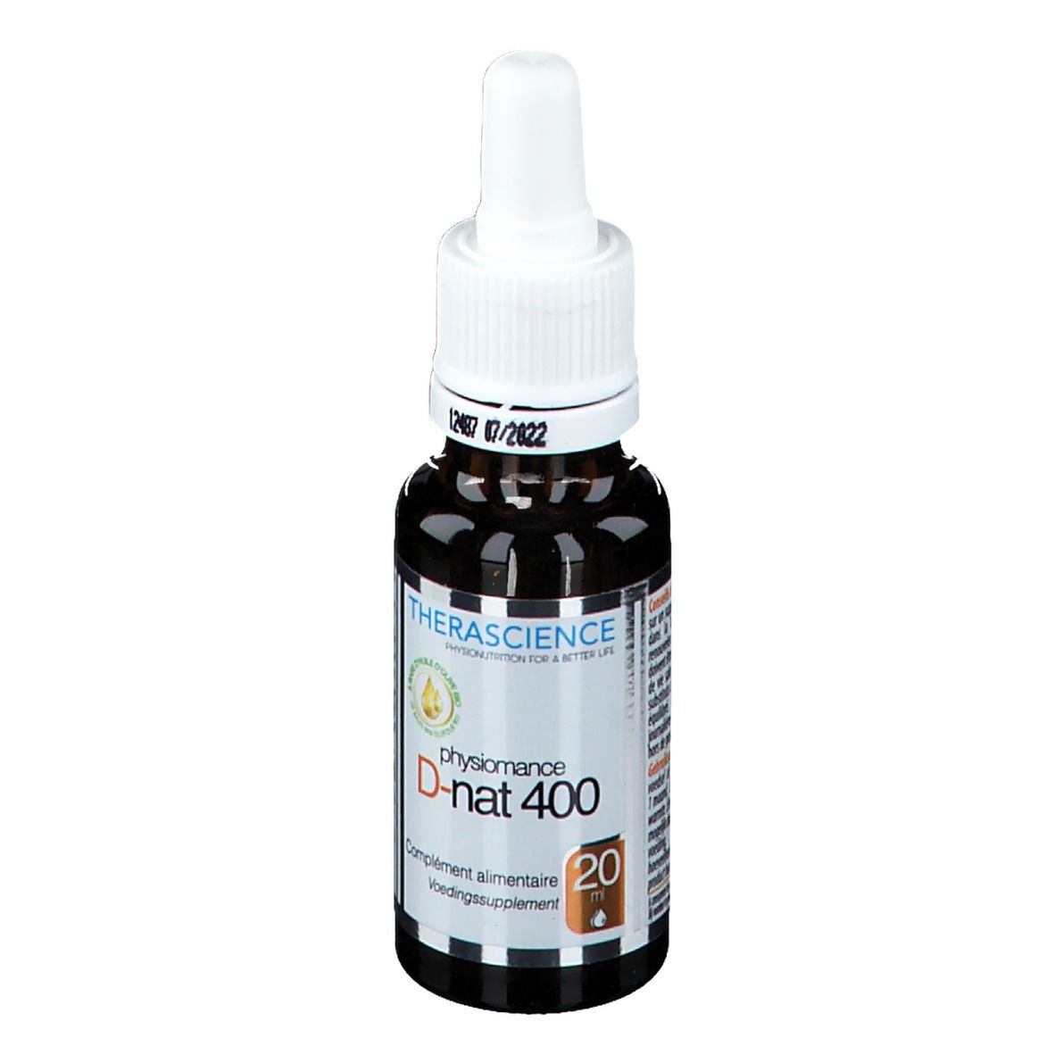 Bruine glazen fles met witte dop en druppelaar. Etiket met productinformatie. THERASCIENCE physiomance D-nat 400.