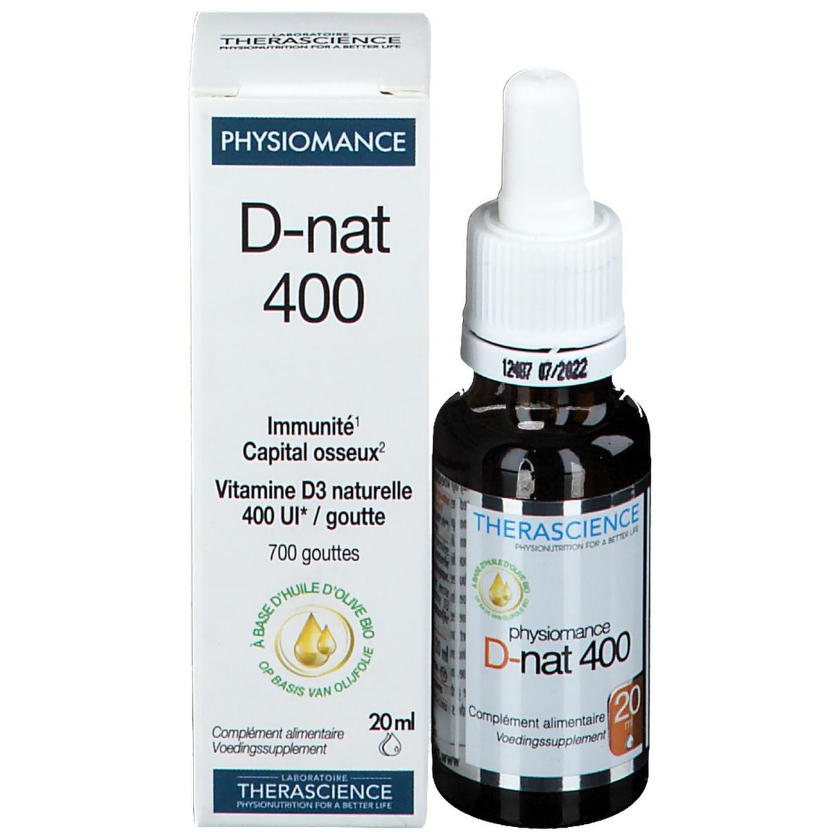 Product en verpakking. Witte doos met productnaam PHYSIOMANCE D-nat 400. Bruine glazen fles met druppelaar.
