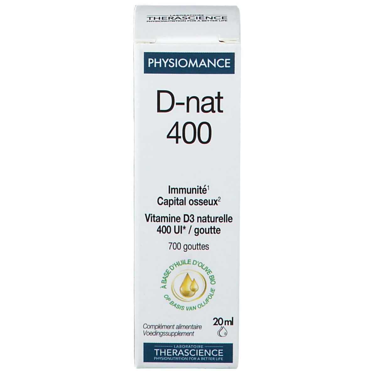 Verpakking. Witte doos met productnaam PHYSIOMANCE D-nat 400. Bevat informatie over ingrediënten en dosering.