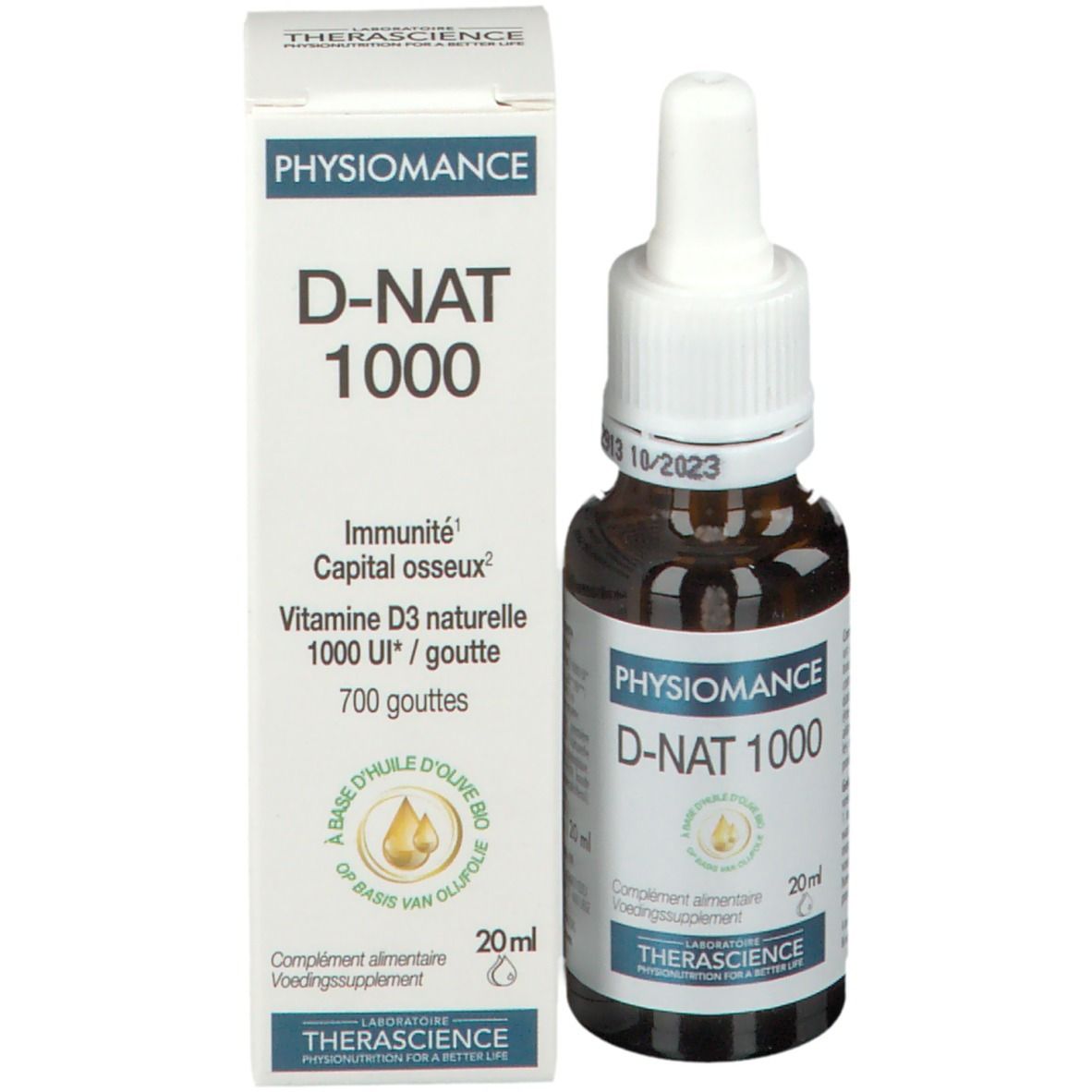 Flacon et emballage du produit. Inscription: PHYSIOMANCE D-NAT 1000. Emballage avec informations et logo du produit.