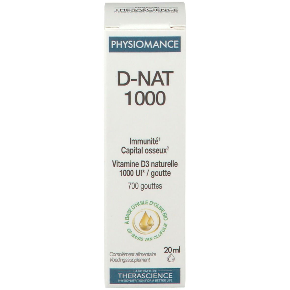 Emballage du produit. Inscription: PHYSIOMANCE D-NAT 1000. Emballage avec informations et logo du produit.