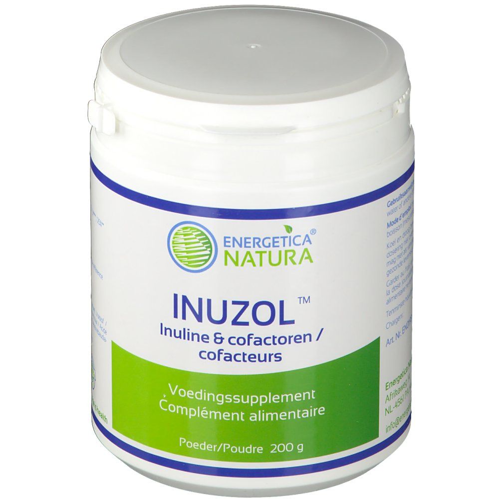Witte pot met groen en blauw etiket. Opschrift: Inuzol, Inuline & cofactoren. Voedingssupplement. 200 g.