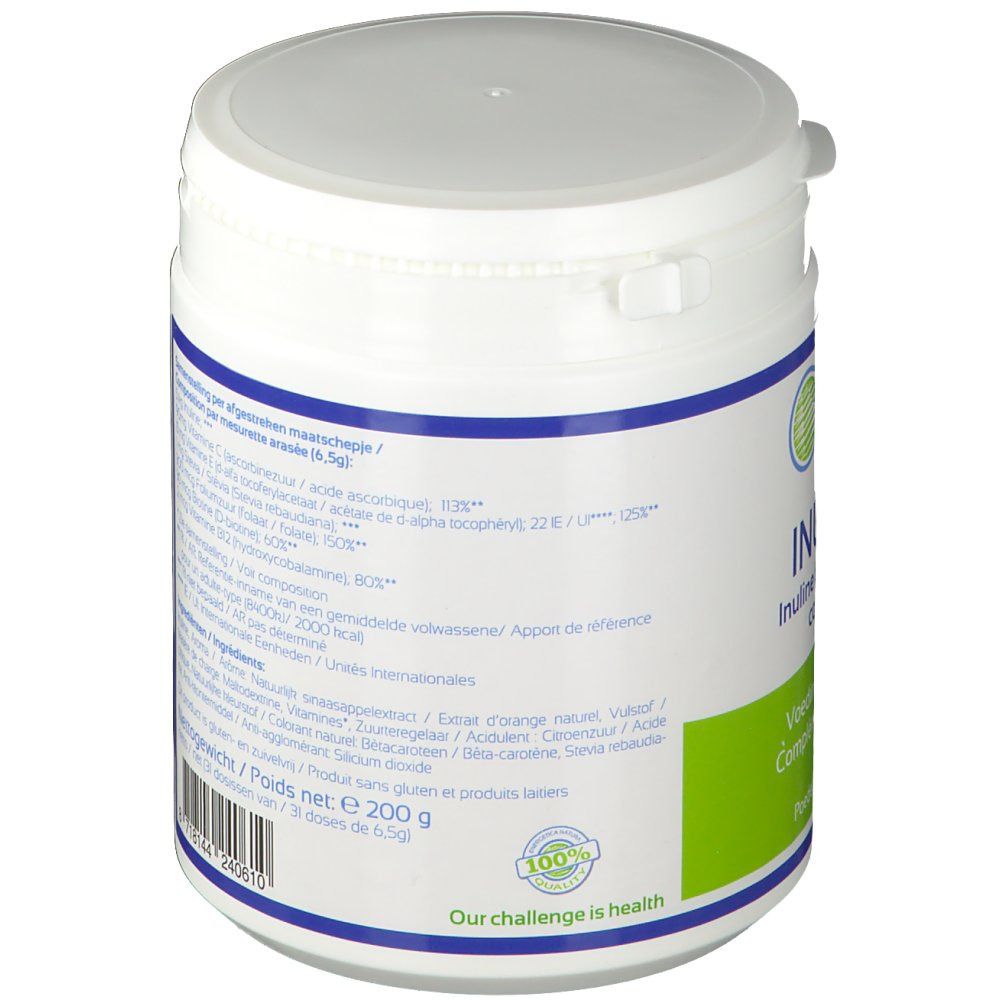 Achterkant van de witte pot. Etiket met tekst in het Nederlands en Frans. Ingrediënten, nettogewicht 200 g, 33 porties.
