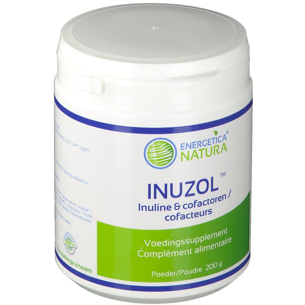 Witte pot met groen en blauw etiket. Opschrift: Inuzol, Inuline & cofactoren. Voedingssupplement. 200 g.
