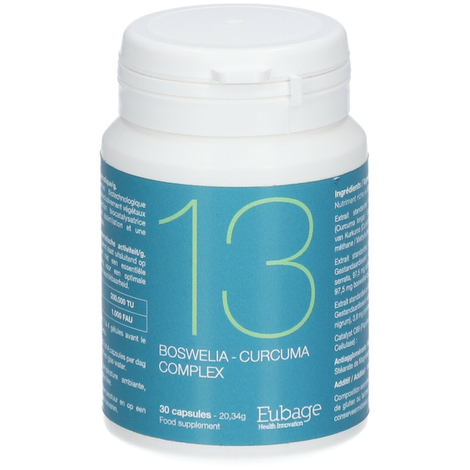 Flacon blanc avec étiquette bleue. Inscription: Boswellia-Curcuma Complex. 30 gélules. Eubage Health Innovation.