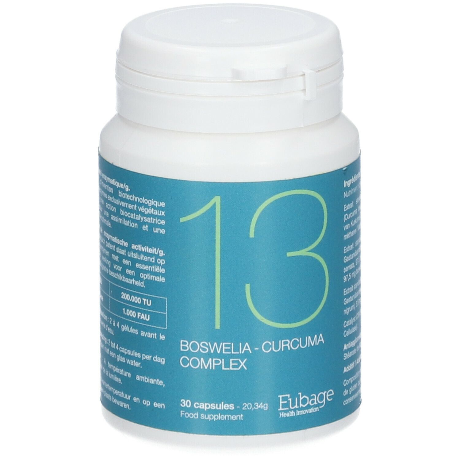 Flacon blanc avec étiquette bleue. Inscription: Boswellia-Curcuma Complex. 30 gélules. Eubage Health Innovation.