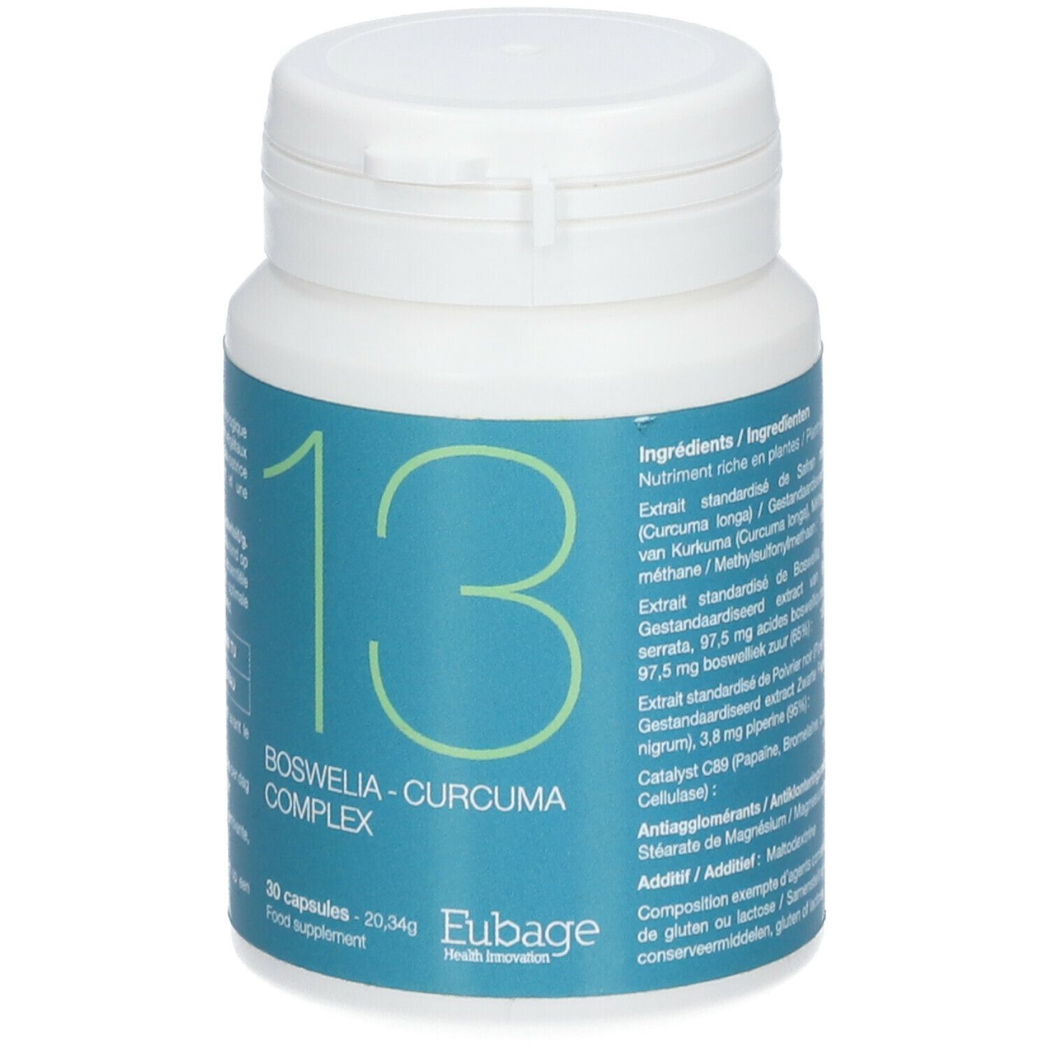 Flacon blanc avec étiquette bleue. Inscription: Boswellia-Curcuma Complex. 30 gélules. Eubage Health Innovation. Liste des ingrédients.