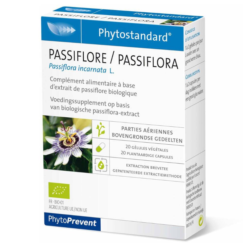 Boîte de Phytostandard Passiflora. Contient 20 gélules. Certification bio. Illustration de fleur de la passion.