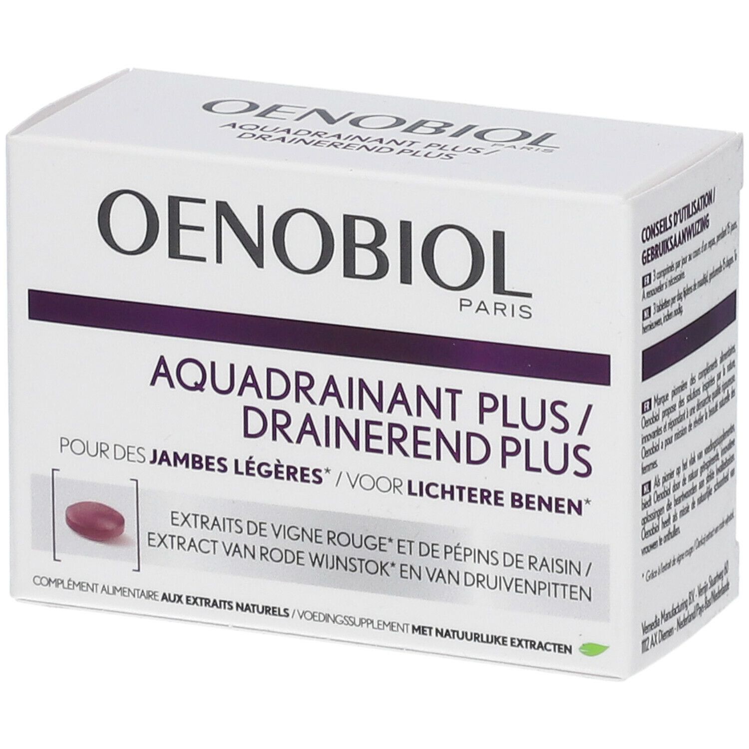 Witte doos met productopdruk. OENOBIOL PARIS, AQUADRAINANT PLUS. Afbeelding van een tablet. Tekst in meerdere talen.