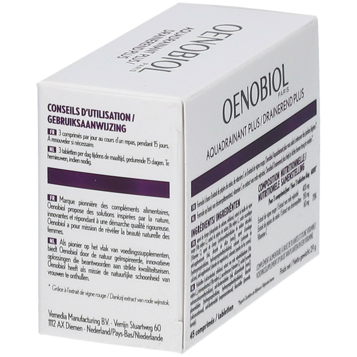 Witte doos met productinformatie. OENOBIOL PARIS, AQUADRAINANT PLUS. Ingrediënten en voedingswaarde-informatie.