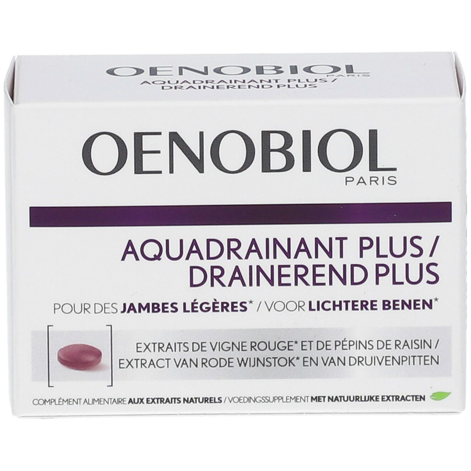 Witte doos met productinformatie. OENOBIOL PARIS, AQUADRAINANT PLUS. Ingrediënten en voedingswaarde-informatie.