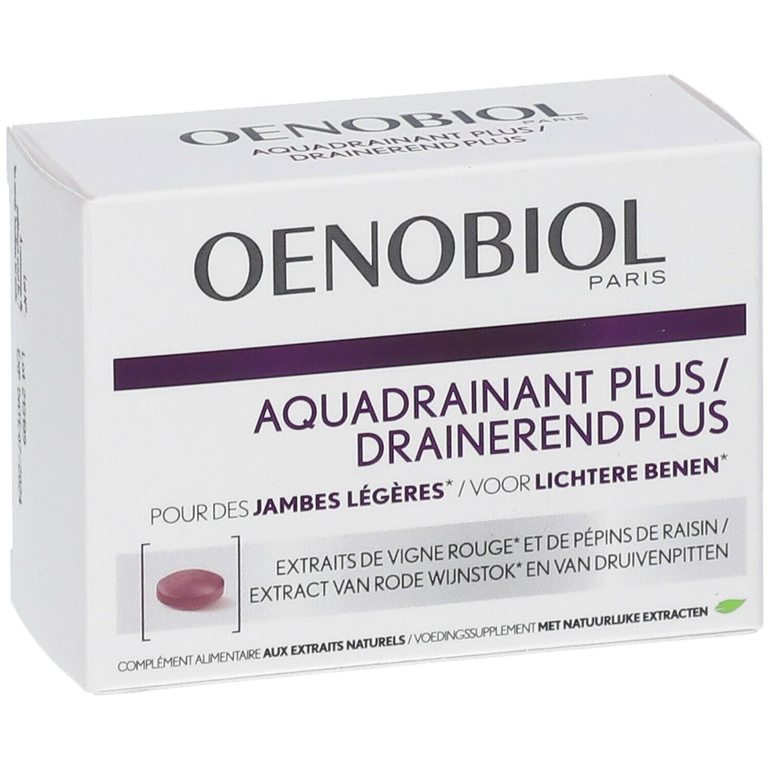 Witte doos met productopdruk. OENOBIOL PARIS, AQUADRAINANT PLUS. Afbeelding van een tablet. Tekst in meerdere talen.