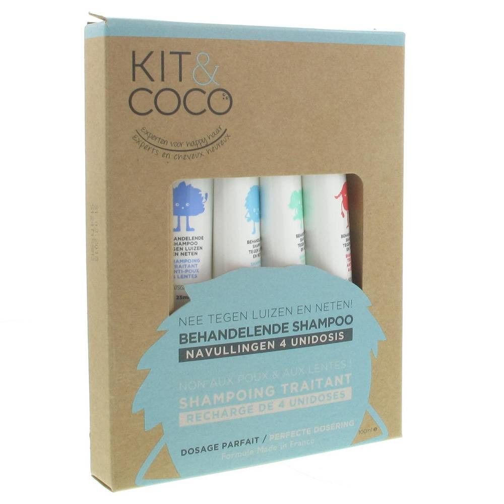 Coffret en carton avec quatre petits flacons de shampooing. Le nom "KIT & COCO" est visible.