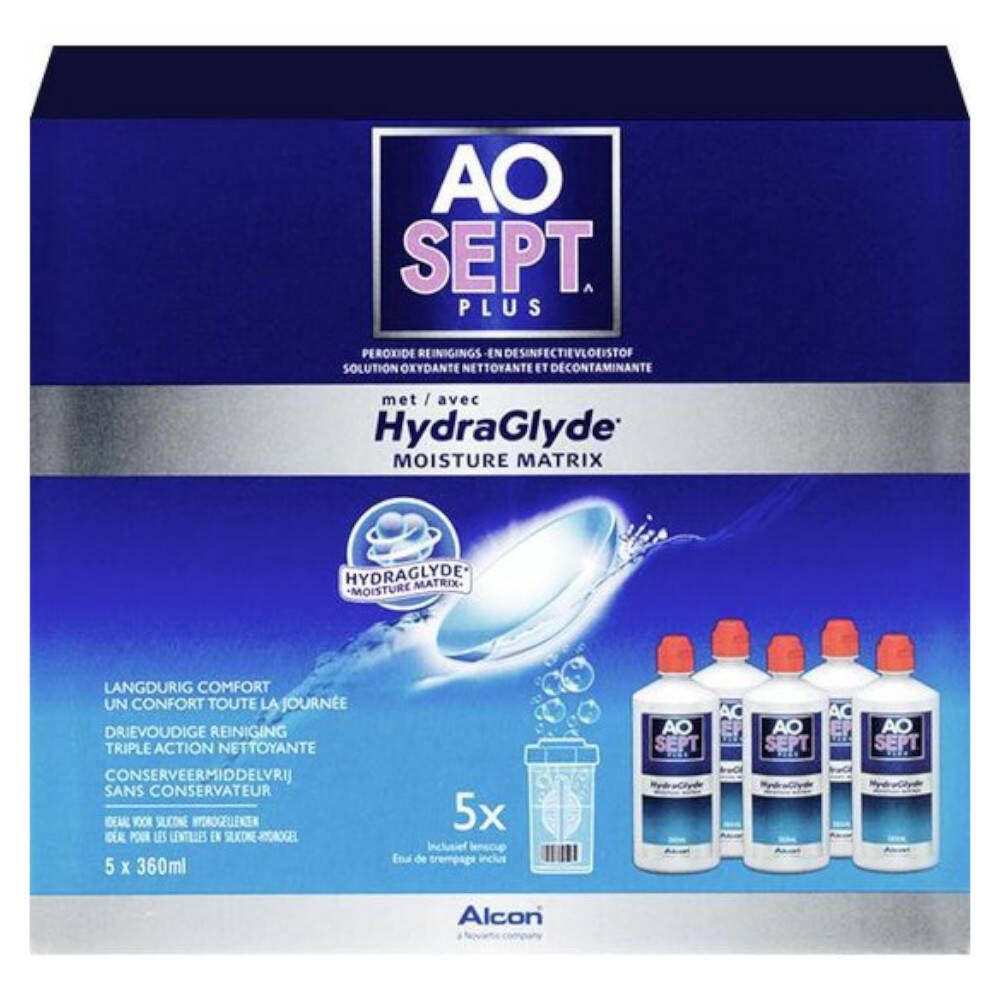 Emballage AOSEPT™ Plus avec 5 flacons et un étui. Contient HydraGlyde Moisture Matrix. Design bleu et blanc.