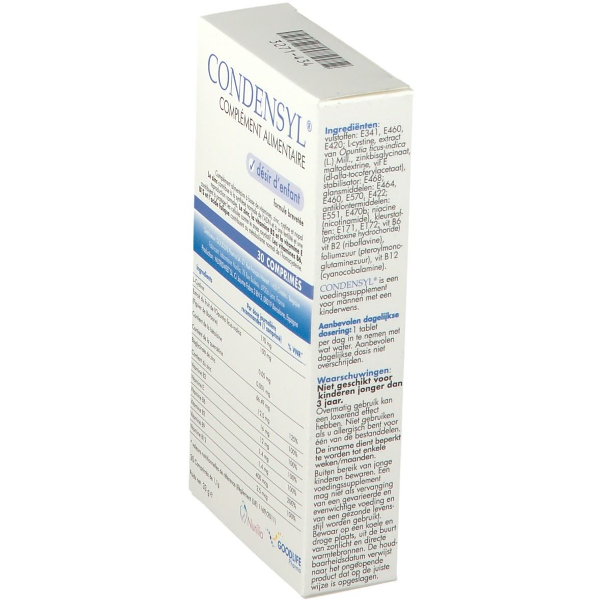 Zijaanzicht van de CONDENSYL®-verpakking. Witte doos met blauwe tekst. Bevat 30 tabletten. Tekst: COMPLÉMENT ALIMENTAIRE, désir d'enfant.