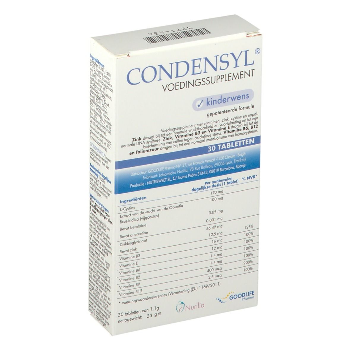 Verpakking van CONDENSYL®. Witte doos met blauwe tekst. Bevat 30 tabletten. Tekst: VOEDINGSSUPPLEMENT, kinderwens.