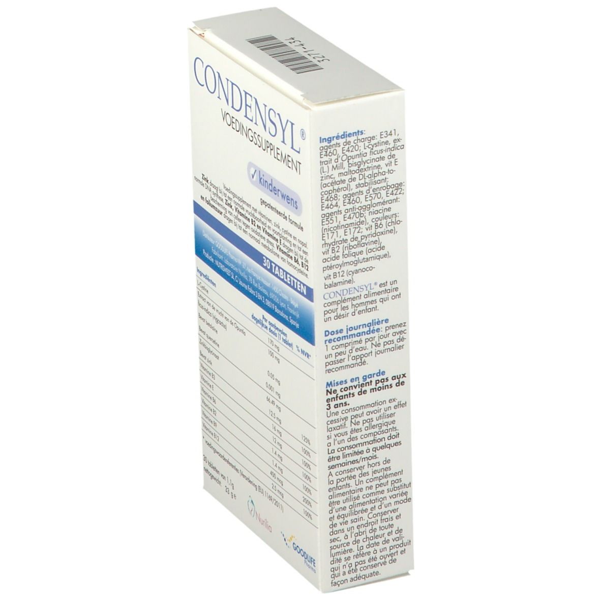 Zijaanzicht van de CONDENSYL®-verpakking. Witte doos met blauwe tekst. Bevat 30 tabletten. Tekst: VOEDINGSSUPPLEMENT, kinderwens.