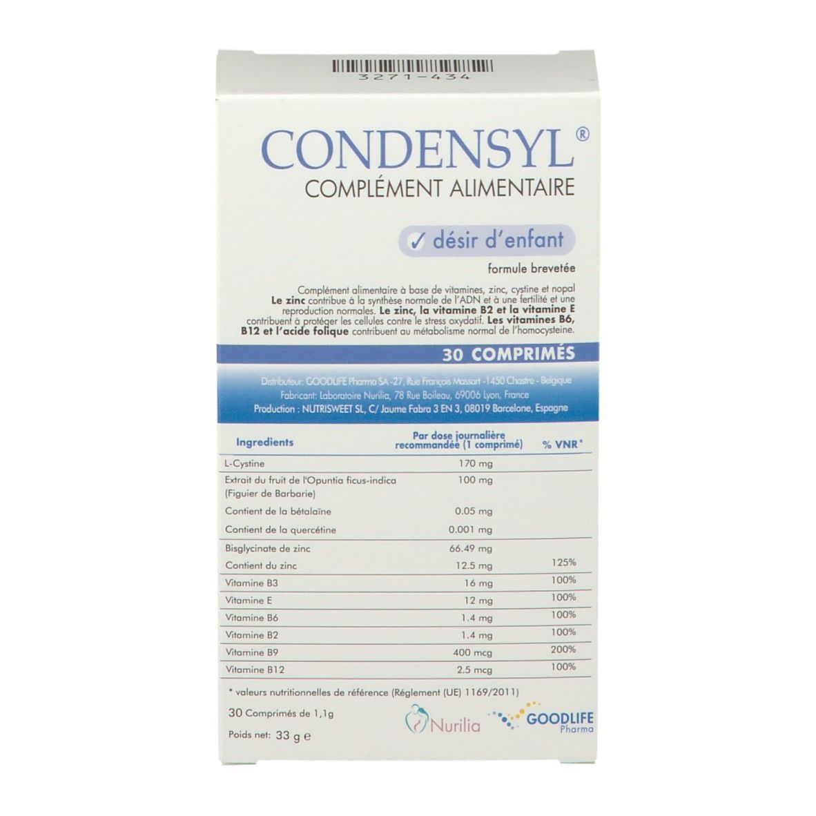 Verpakking van CONDENSYL®. Witte doos met blauwe en groene tekst. Bevat 30 tabletten. Tekst: COMPLÉMENT ALIMENTAIRE, désir d'enfant.