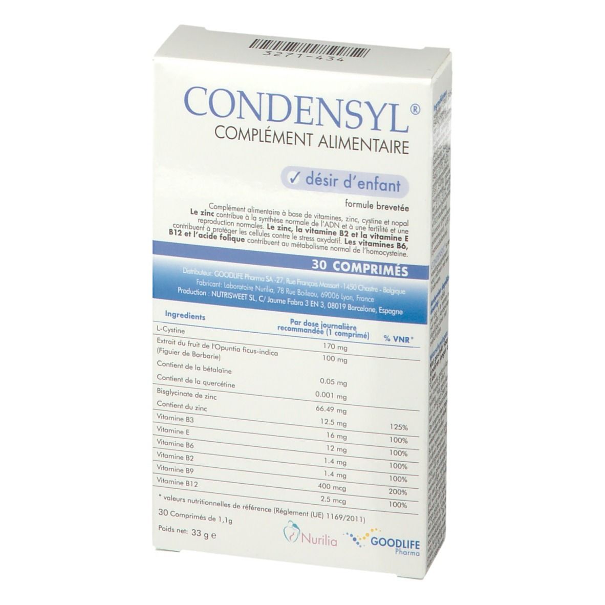 Verpakking van CONDENSYL®. Witte doos met blauwe en groene tekst. Bevat 30 tabletten. Tekst: COMPLÉMENT ALIMENTAIRE, désir d'enfant.