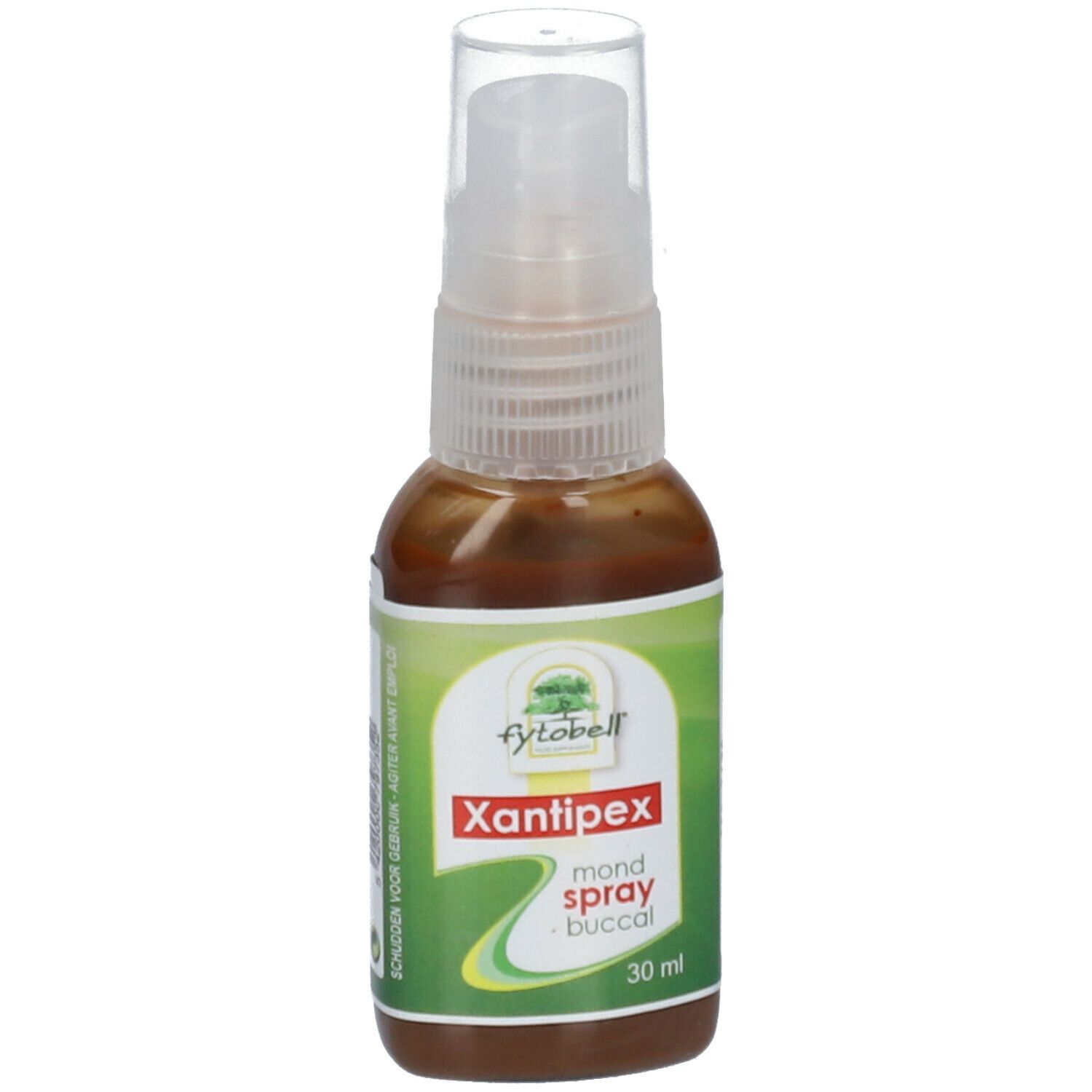 Flacon pulvérisateur avec liquide brun. Étiquette avec "Xantipex mond spray buccal". Tête de pulvérisation transparente.