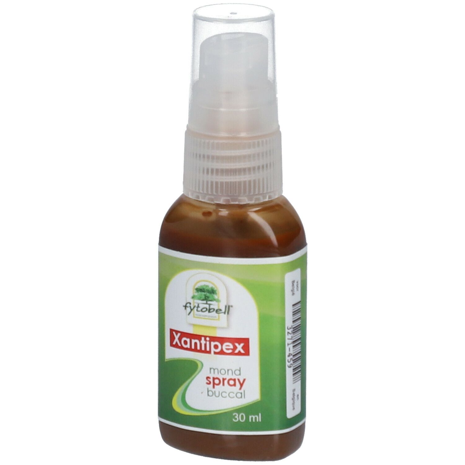 Flacon pulvérisateur avec liquide brun. Étiquette avec "Xantipex mond spray buccal". Tête de pulvérisation transparente.
