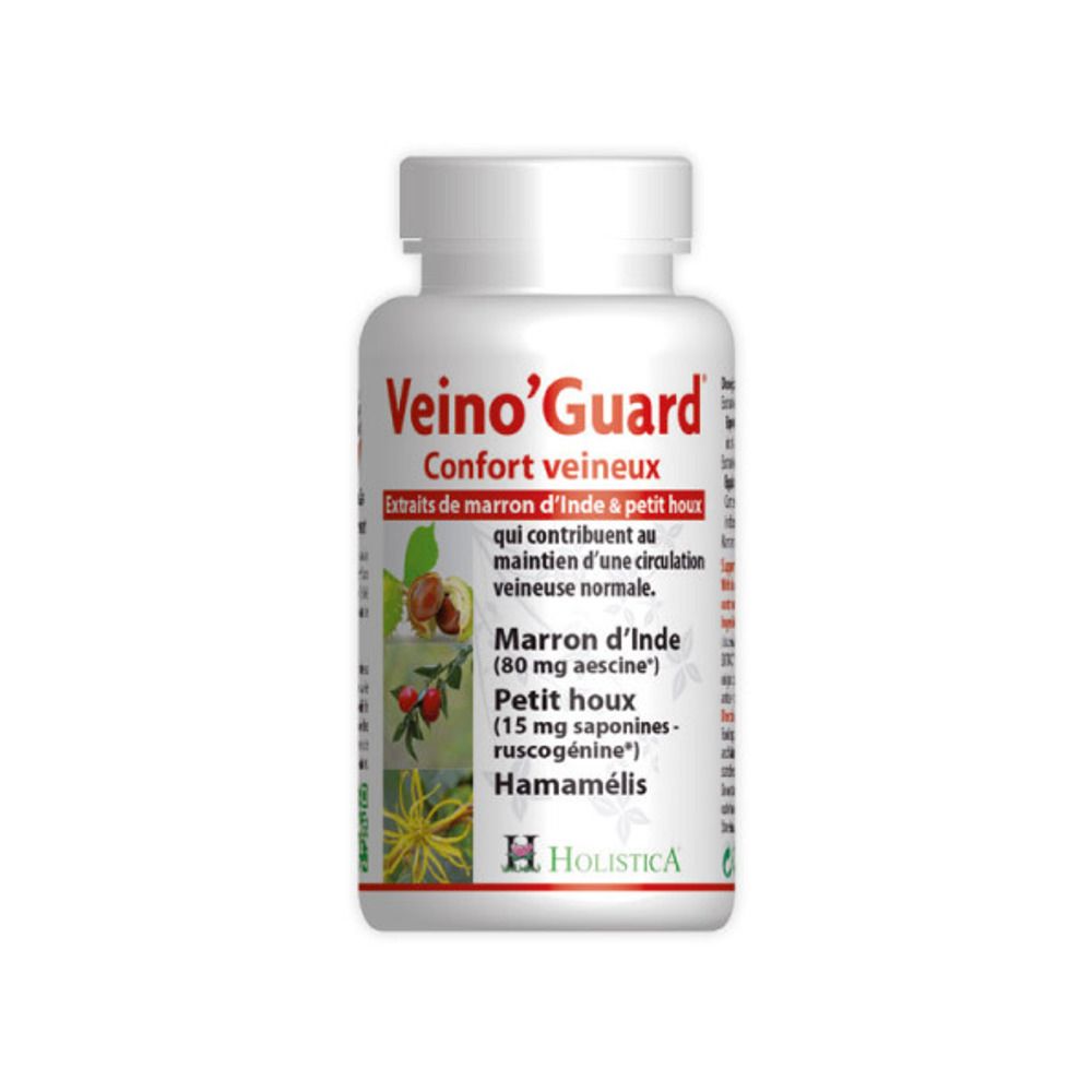 Witte fles met capsules. Opschrift: Veino'Guard, Confort veineux. Afbeeldingen van paardenkastanje, rozenbottel en hamamelis.