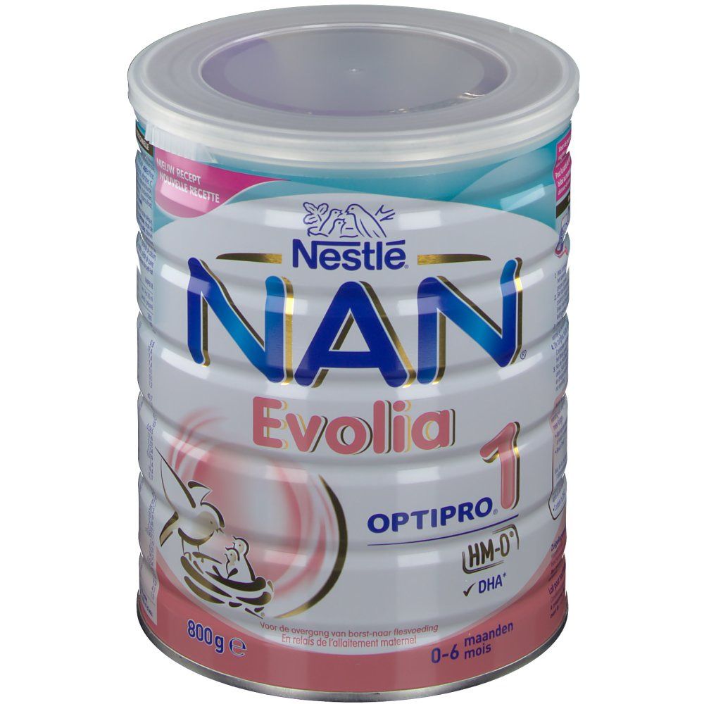 Boîte Nestlé NAN Evolia 1. Blanc, rose et bleu. Avec couvercle. Logo Optipro, HM-O et DHA. 800g. Pour 0-6 mois.