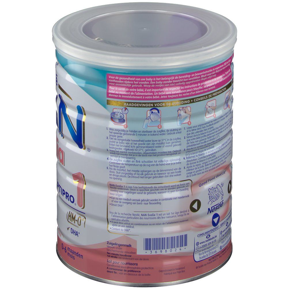 Dos de la boîte Nestlé NAN Evolia 1. Texte multilingue. Rose et blanc. Avec couvercle. Informations et instructions.