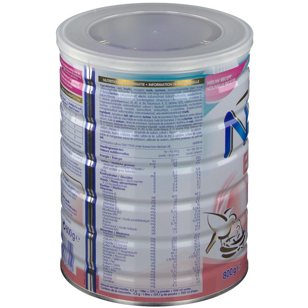 Dos de la boîte Nestlé NAN Evolia 1. Informations nutritionnelles. Rose et blanc. Avec couvercle. Texte multilingue.