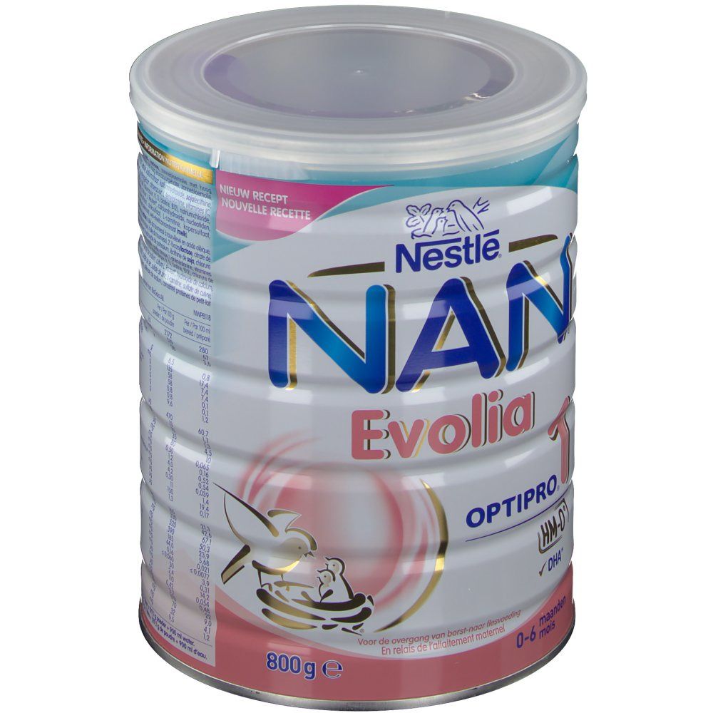 Boîte Nestlé NAN Evolia 1. Blanc, rose et bleu. Avec couvercle. Logo Optipro, HM-O et DHA. 800g. Pour 0-6 mois.