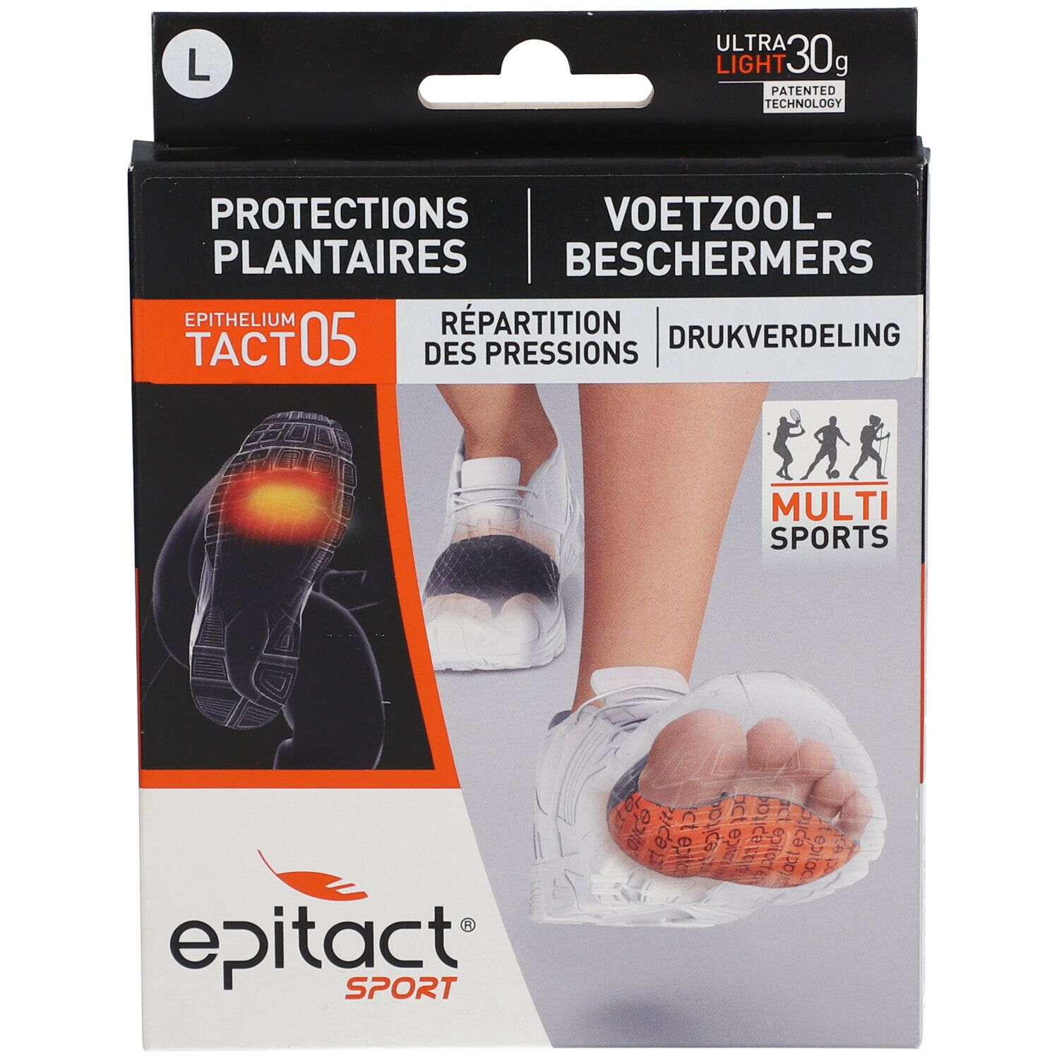 Boîte Epitact Sport Fußsohlenschutz L. Image du produit et texte. Taille L. Protection plantaire.