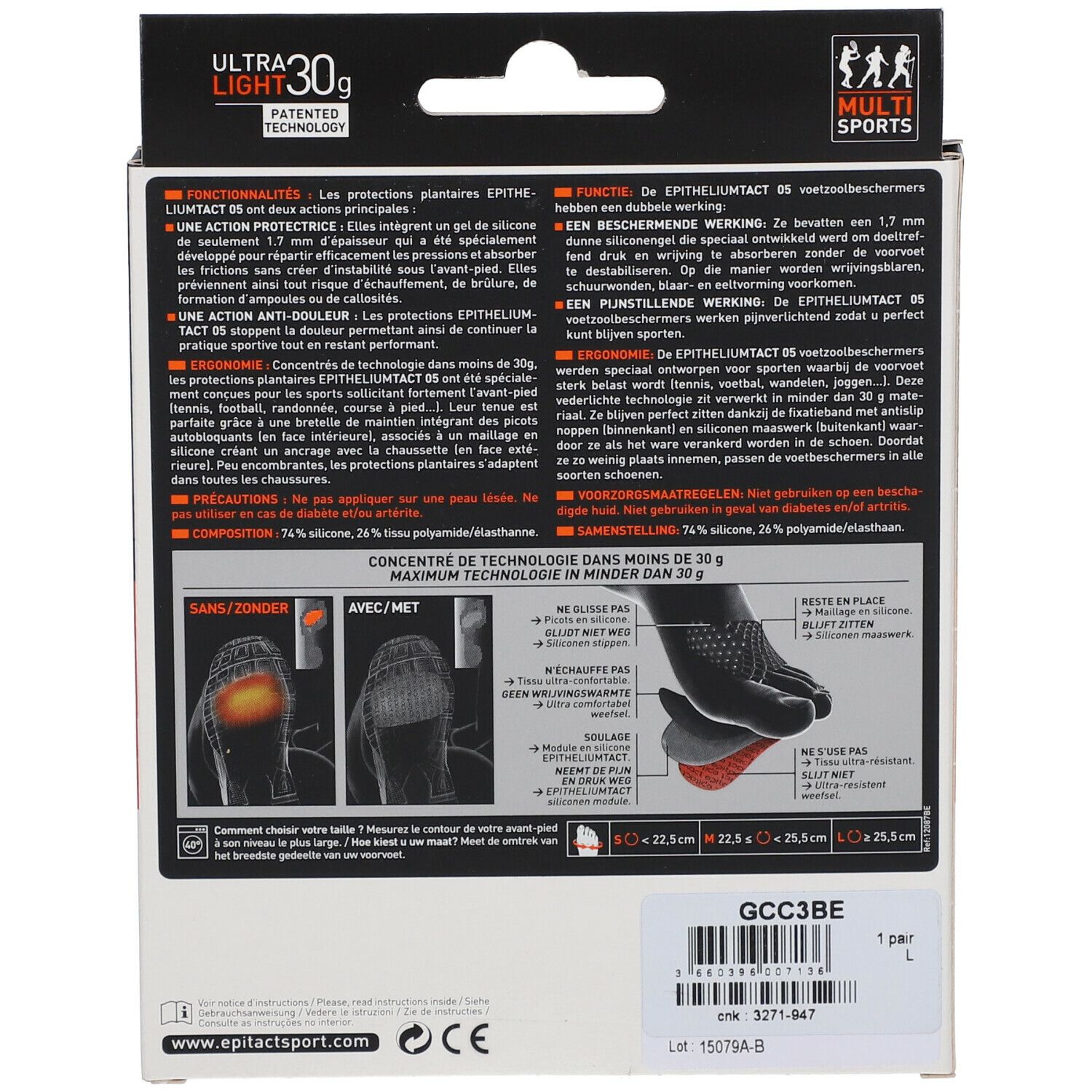 Dos de la boîte Epitact Sport Fußsohlenschutz L. Texte et illustrations du produit. Taille L.