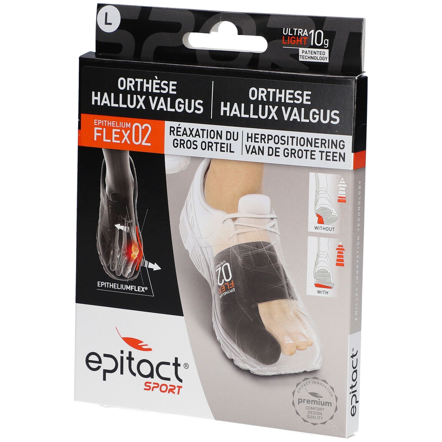 Boîte Epitact Orthese Hallux Valgus Sport Large. Noir et blanc. Image du produit et nom du produit.