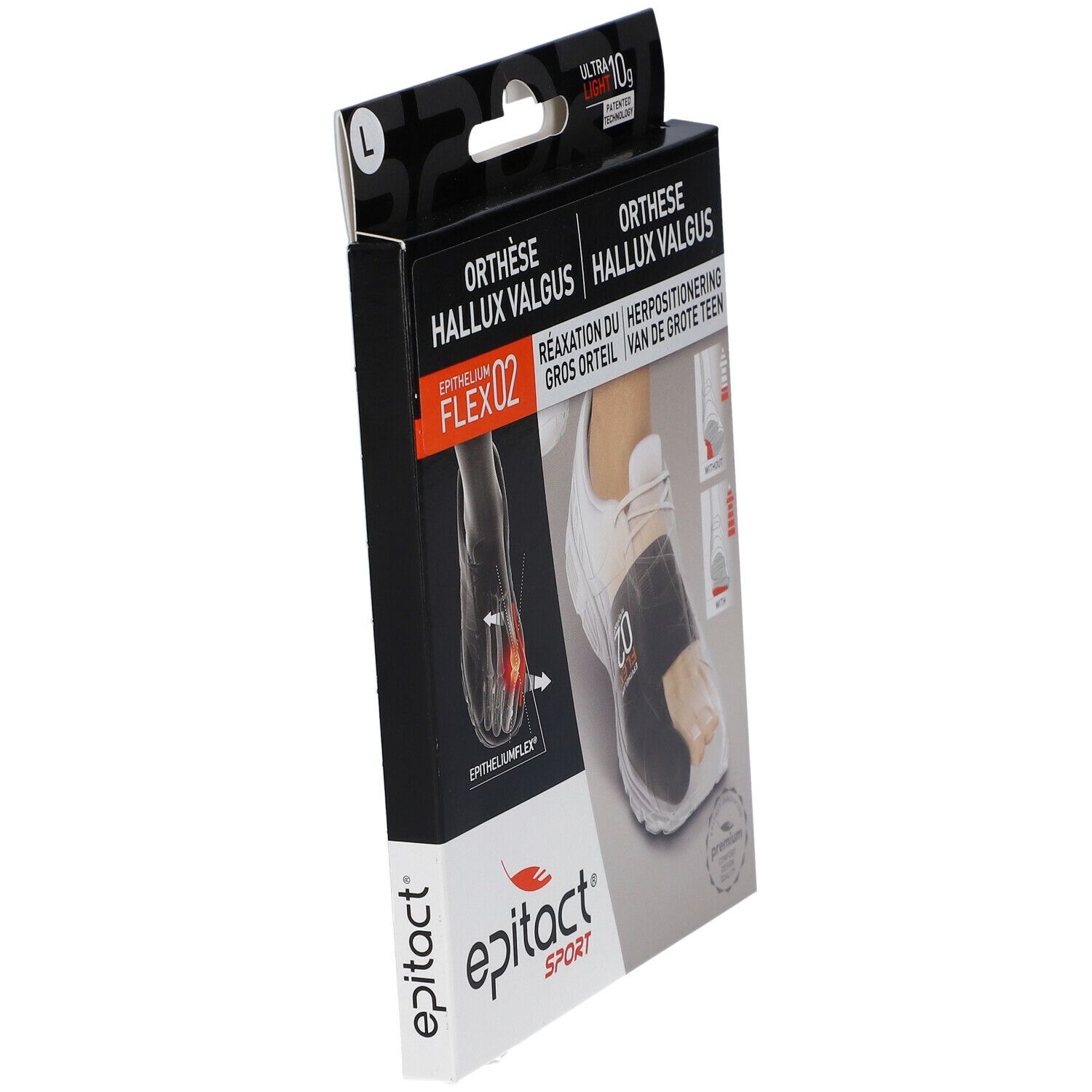 Boîte Epitact Orthese Hallux Valgus Sport Large. Vue latérale. Nom et image du produit.