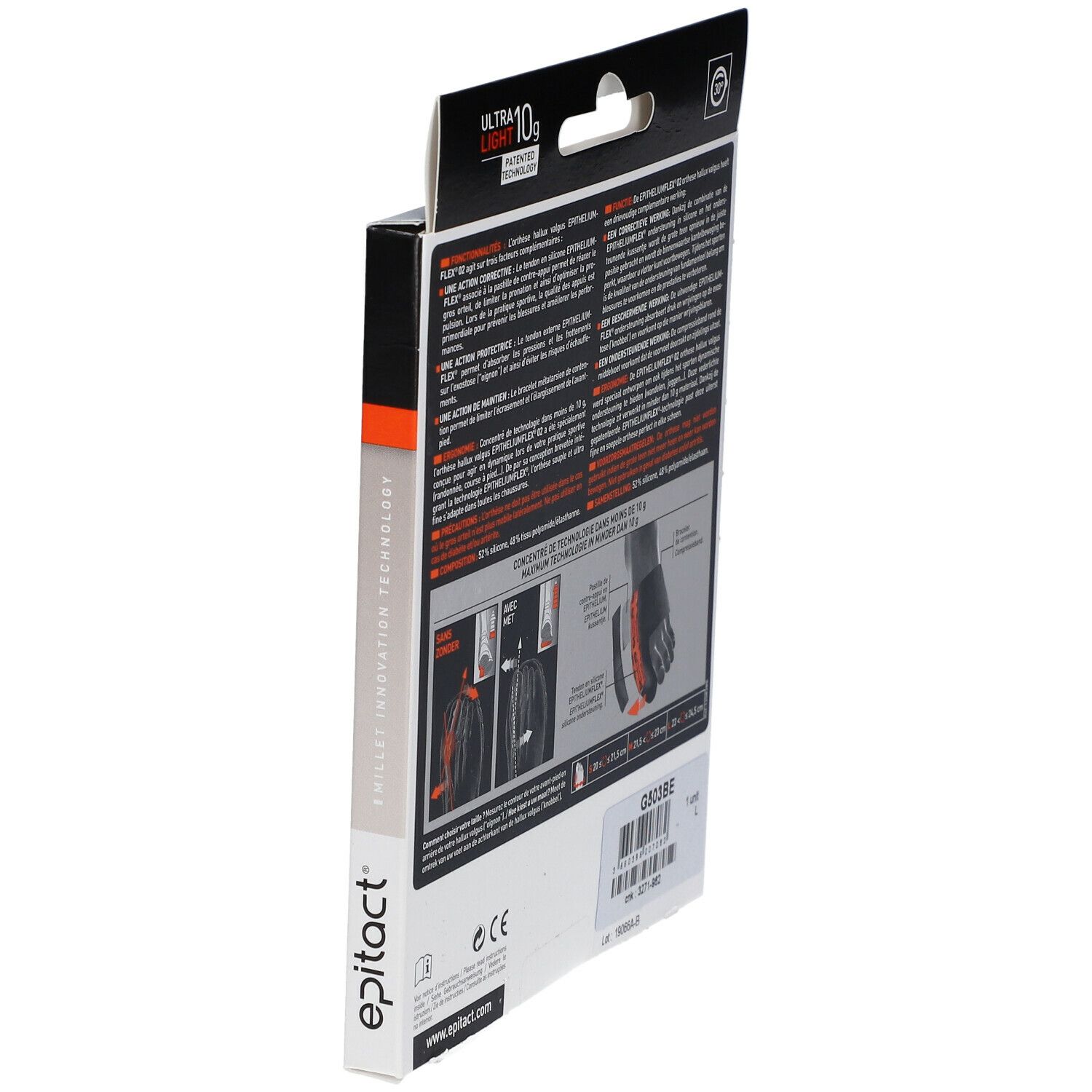 Boîte Epitact Orthese Hallux Valgus Sport Large. Vue latérale avec texte et illustrations.