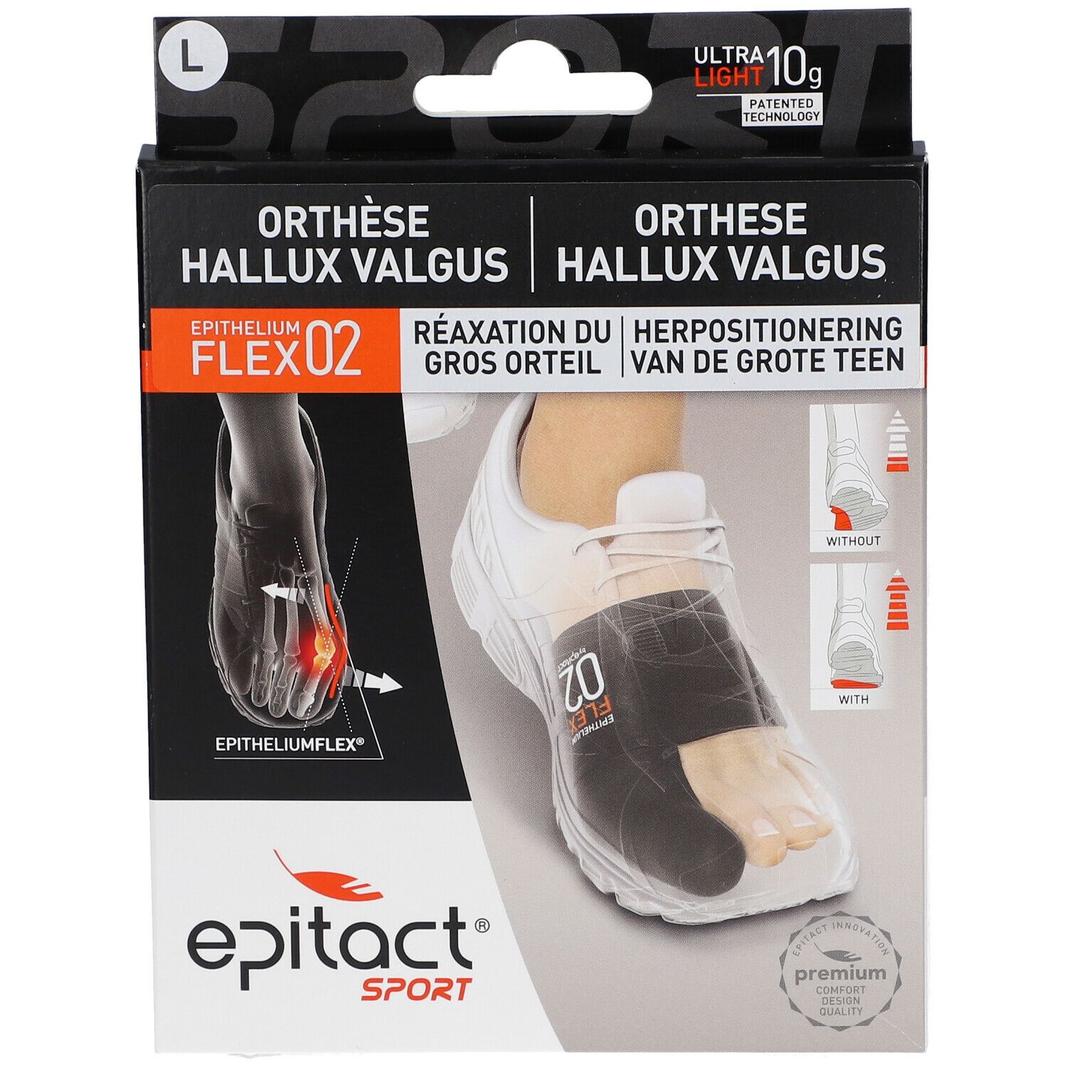Boîte Epitact Orthese Hallux Valgus Sport Large. Vue de face. Image et nom du produit.