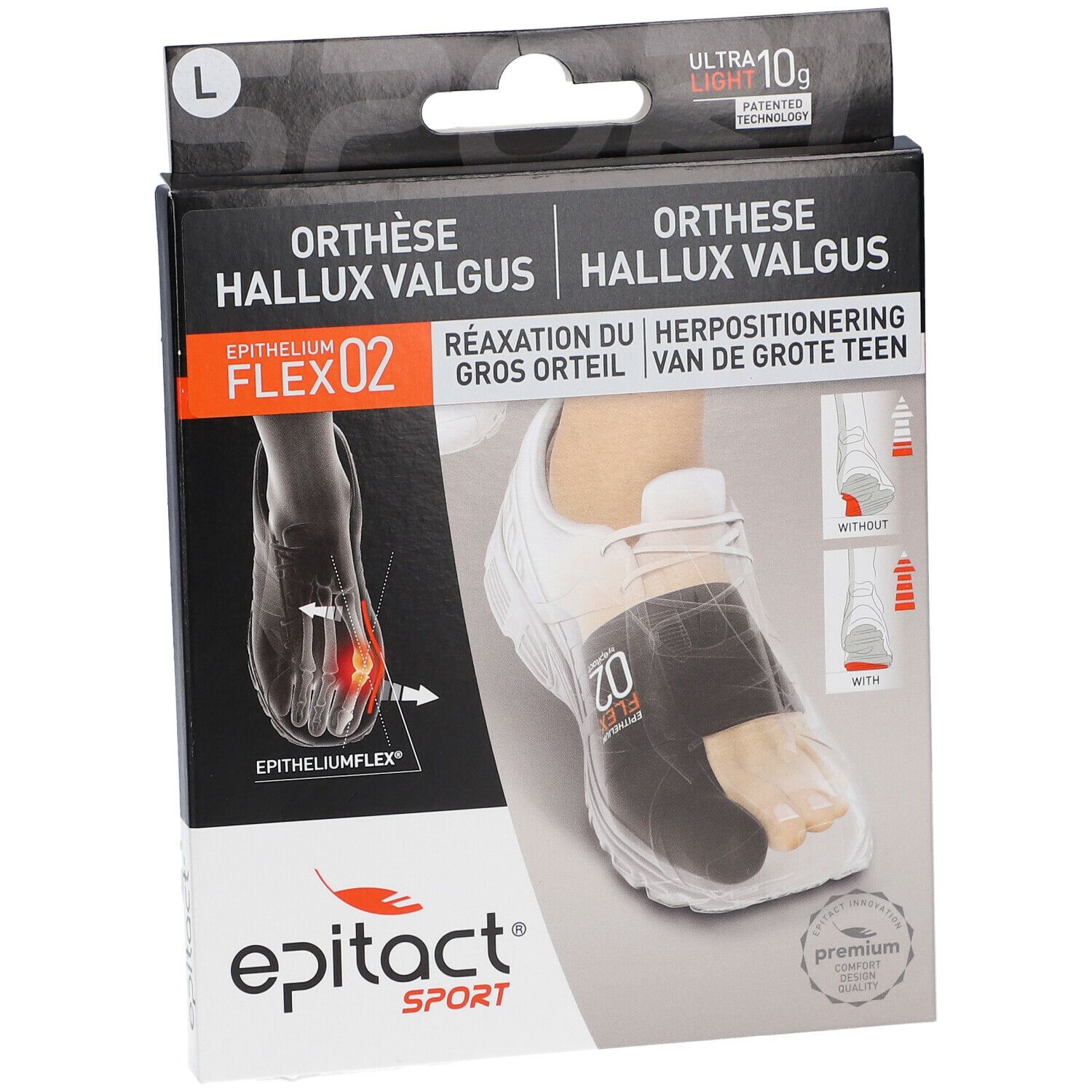 Boîte Epitact Orthese Hallux Valgus Sport Large. Vue de face. Image et nom du produit.