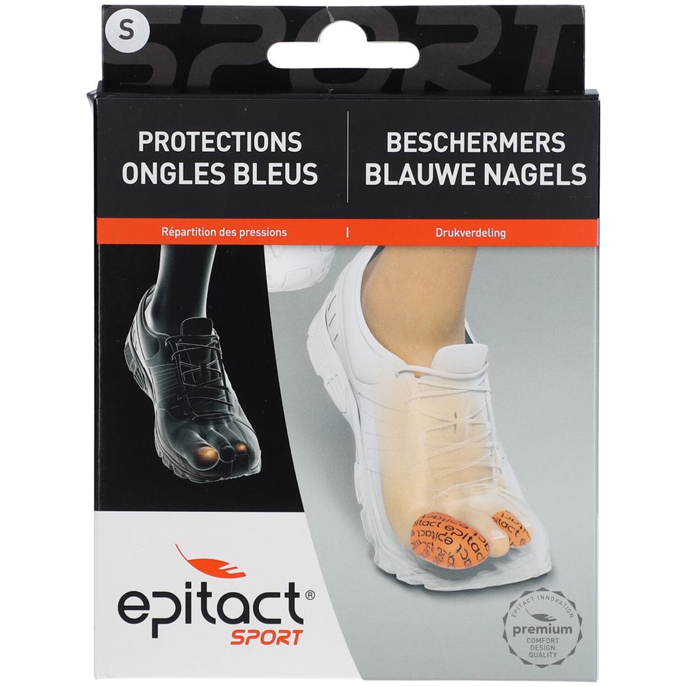 Boîte noire Epitact Sport. Protection ongles bleus. Image d'un pied dans une chaussure. Texte en français et néerlandais.