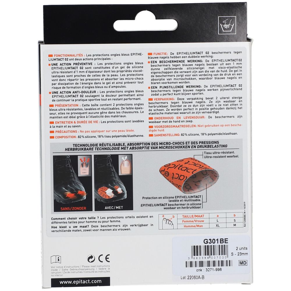 Dos de la boîte Epitact Sport. Texte en français et néerlandais. Illustrations du produit et informations de taille.