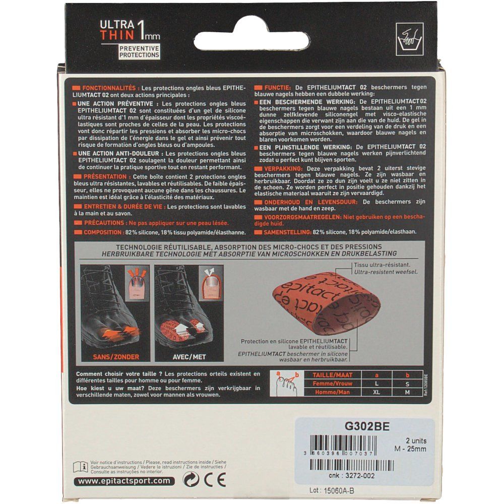 Achterkant van de verpakking van Epitact Fingerling Gel Sport Medium. Tekst, productafbeeldingen en maatinfo. 2 stuks.