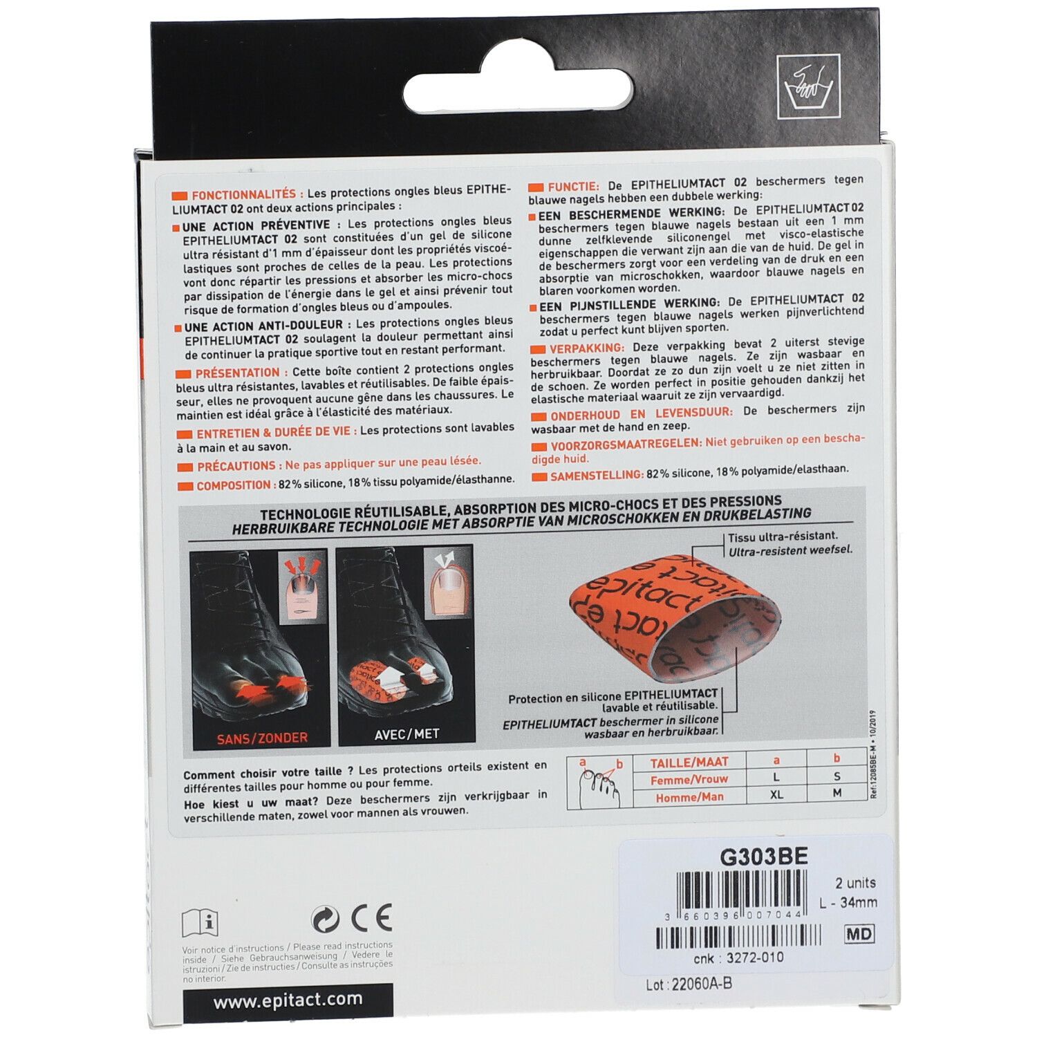 Achterkant van de verpakking met productinformatie en maten voor epitact® Sport Fingerling Gel.