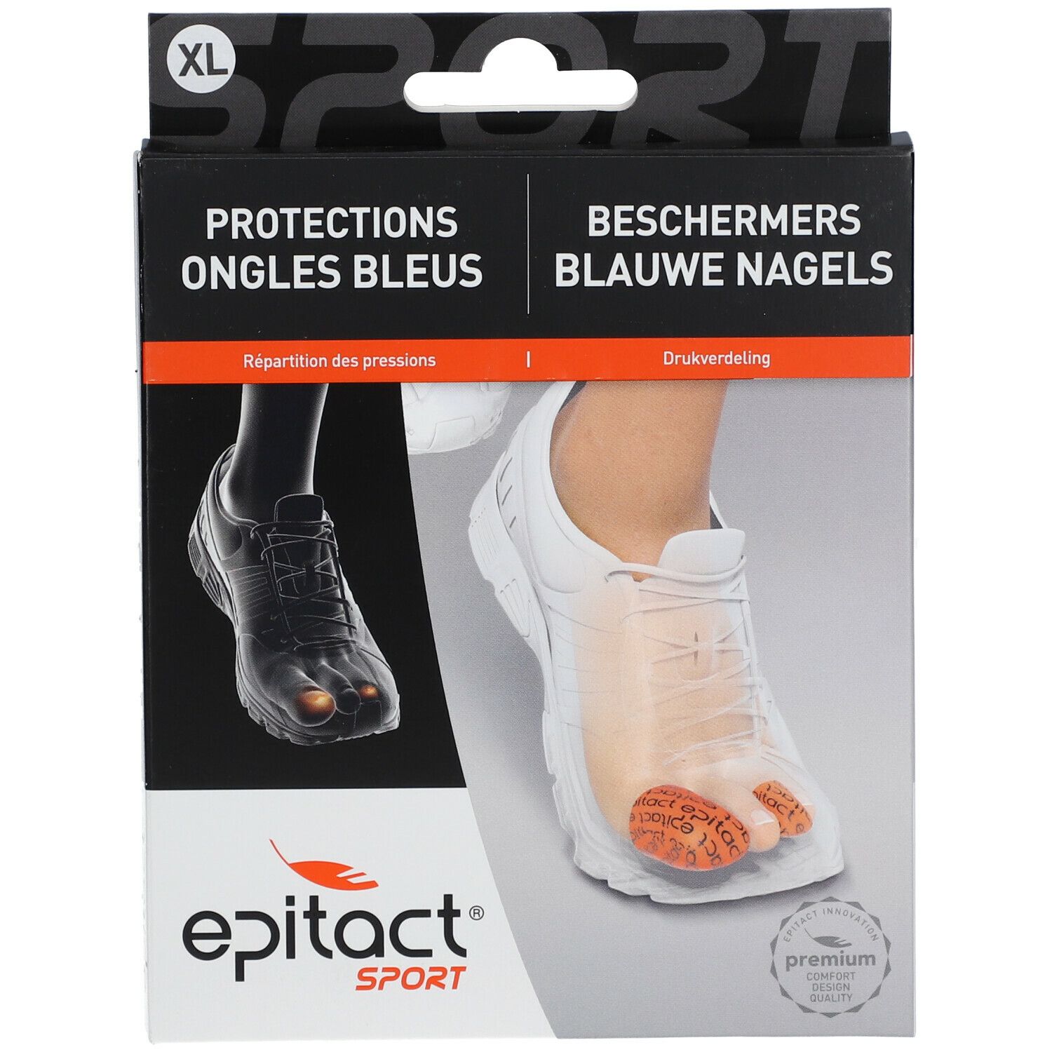 Boîte Epitact Sport. Protège-ongles bleus. Illustration d'un pied avec chaussure et produit.