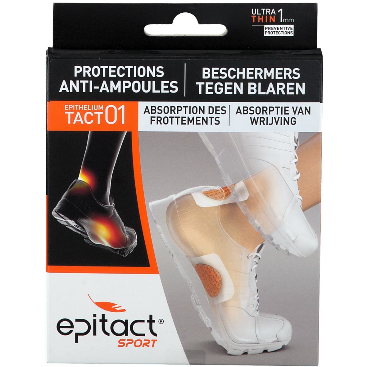 Verpakking Epitact Sport Epithelium Tact 01. Zwarte doos met productnaam en productafbeelding.