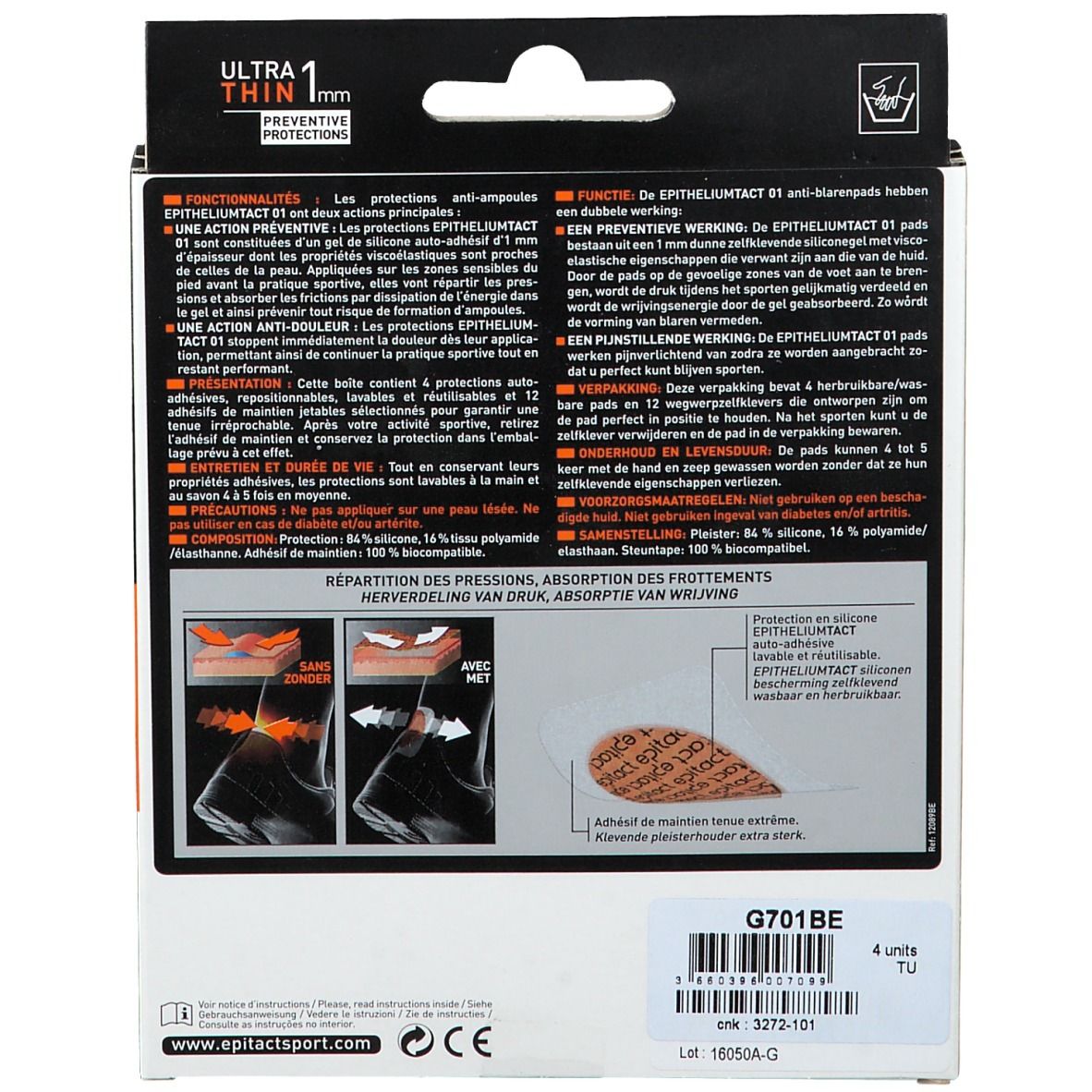 Achterkant van de verpakking Epitact Sport Epithelium Tact 01. Meertalige tekst, productinformatie en illustraties.