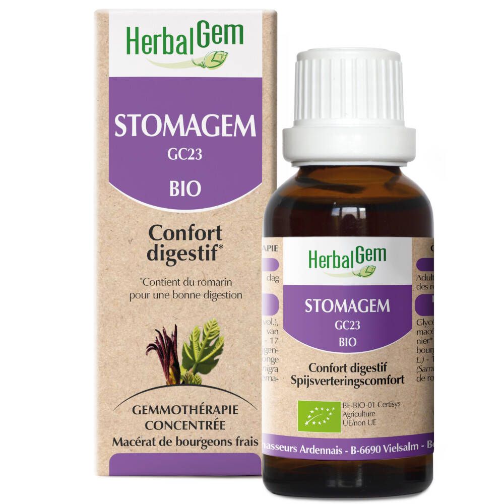 Flacon en verre brun et bouchon blanc, avec boîte. Inscription: HerbalGem Stomagem Bio. Gemmothérapie concentrée.